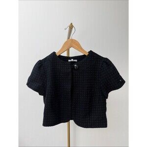 Cropped Textured Black Blue Polka Dot Short Sleeve Blazer Jacket M